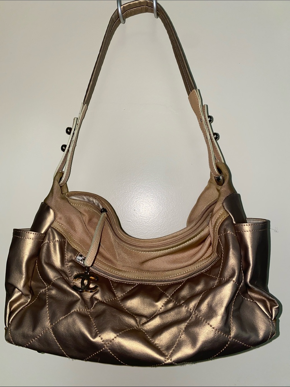 CHANEL Champagne Metallic Travel Quilted Hobo Baguette Shoulder Bag Duffle